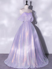 Party Dress Shopping, Purple A-Line Tulle Sequin Long Prom Dress, Purple Sequin Long Formal Dress