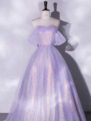 Party Dress Shop, Purple A-Line Tulle Sequin Long Prom Dress, Purple Sequin Long Formal Dress