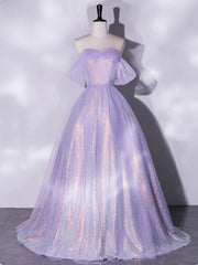 Party Dresses Outfits, Purple A-Line Tulle Sequin Long Prom Dress, Purple Sequin Long Formal Dress