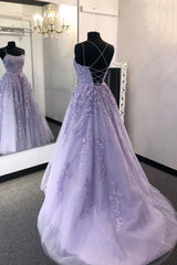 Party Dresses For Ladies, Purple Lace Long A-Line Prom Dress, Spaghetti Strap Backless Evening Dress