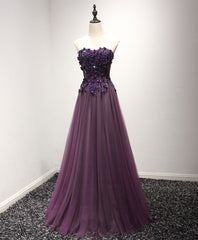 Party Dress Mini, Purple Sweetheart Neck Lace Long Prom Dress, Formal Dress