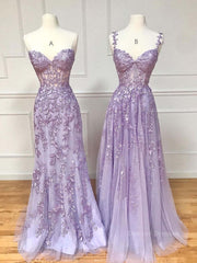 Prom Dresses Inspiration, Purple sweetheart neck lace long prom dress, lace formal graduation dress