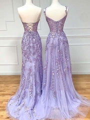 Prom Dress Inspirational, Purple sweetheart neck lace long prom dress, lace formal graduation dress