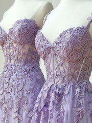 Prom Dresses Pink, Purple sweetheart neck lace long prom dress, lace formal graduation dress