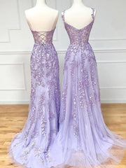 Wedding Aesthetic, Purple Sweetheart Neck Lace Long Prom Dresses, Purple Lace Graduation Dress