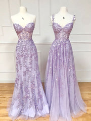 Champagne Bridesmaid Dress, Purple Sweetheart Neck Lace Long Prom Dresses, Purple Lace Graduation Dress