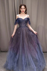 Prom Dress With Slits, PURPLE SWEETHEART NECK TULLE LONG PROM DRESS PURPLE FORMAL DRESS