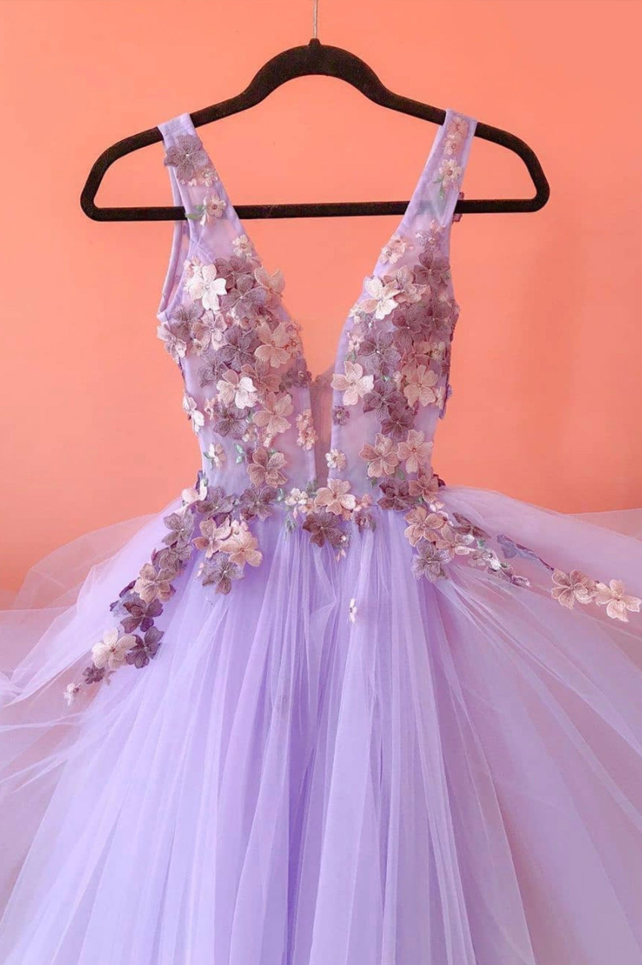 Party Dress Classy, Purple Tulle Lace Long A-Line Prom Dress, V-Neck Evening Party Dress