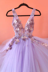 Party Dress Classy, Purple Tulle Lace Long A-Line Prom Dress, V-Neck Evening Party Dress