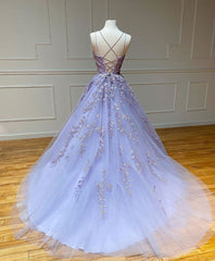 Bachelorette Party Theme, Purple Tulle Lace Long Prom Gown, Lace Tulle Purple Graduation Dresses