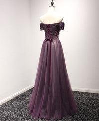 Prom Dress Off The Shoulder, Purple Tulle Lace Off Shoulder Long Prom Dress, Purple Evening Dress