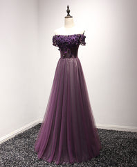 Prom Dress Long Blue, Purple Tulle Lace Off Shoulder Long Prom Dress, Purple Evening Dress