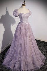 Homecoming Dress Bodycon, Purple Tulle Long A-Line Prom Dress, Purple Short Sleeve Evening Party Dress