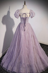 Homecoming Dress With Sleeves, Purple Tulle Long A-Line Prom Dress, Purple Short Sleeve Evening Party Dress