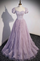 Homecomming Dresses Bodycon, Purple Tulle Long A-Line Prom Dress, Purple Short Sleeve Evening Party Dress