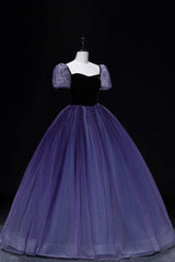 Prom Dress Mermaid, Purple Tulle Long A-Line Prom Dress, Purple Short Sleeve Princess Dress