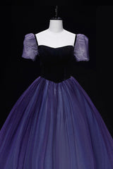 Prom Dress Chicago, Purple Tulle Long A-Line Prom Dress, Purple Short Sleeve Princess Dress