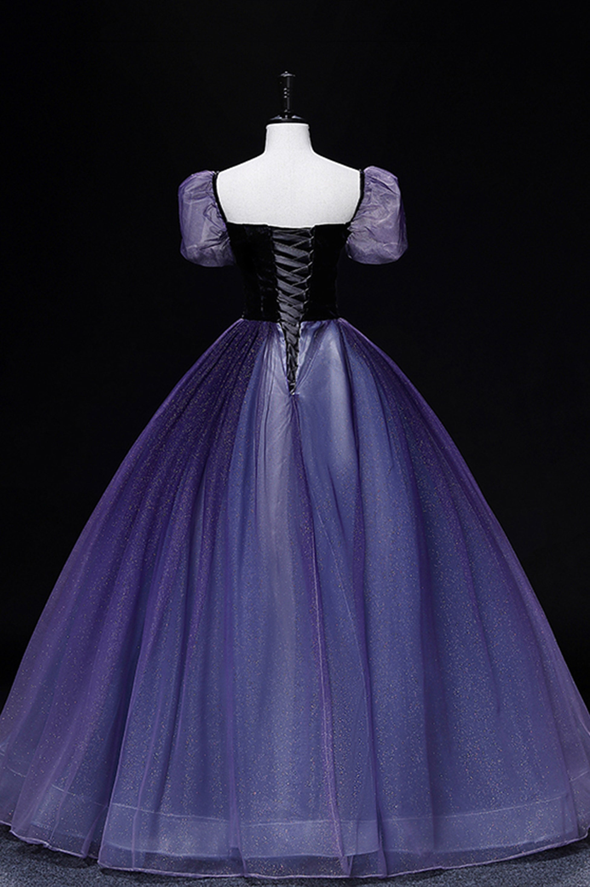 Prom Dresses Chicago, Purple Tulle Long A-Line Prom Dress, Purple Short Sleeve Princess Dress