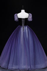 Prom Dresses Chicago, Purple Tulle Long A-Line Prom Dress, Purple Short Sleeve Princess Dress