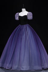 Prom Dresses Mermaide, Purple Tulle Long A-Line Prom Dress, Purple Short Sleeve Princess Dress