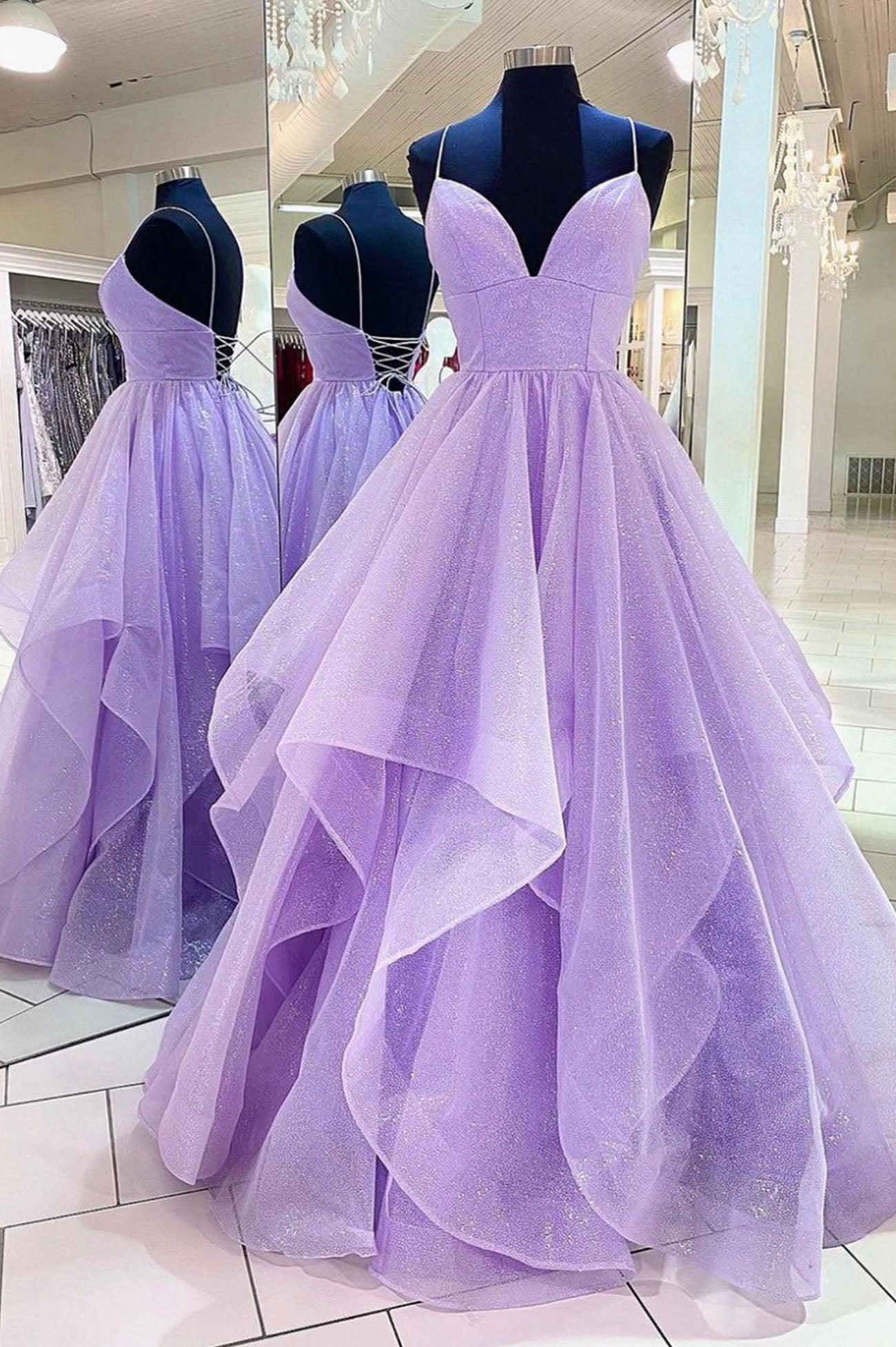 Party Dresses For Ladies 2023, Purple Tulle Long A-Line Prom Dress, Spaghetti Strap Formal Evening Dress