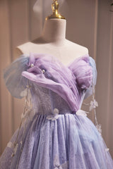 Party Dress Cheap, Purple Tulle Short Party Dress, Cute A-Line Off Shoulder Prom Dress