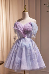 Party Dress Online, Purple Tulle Short Party Dress, Cute A-Line Off Shoulder Prom Dress