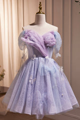 Party Dresses 2022, Purple Tulle Short Party Dress, Cute A-Line Off Shoulder Prom Dress