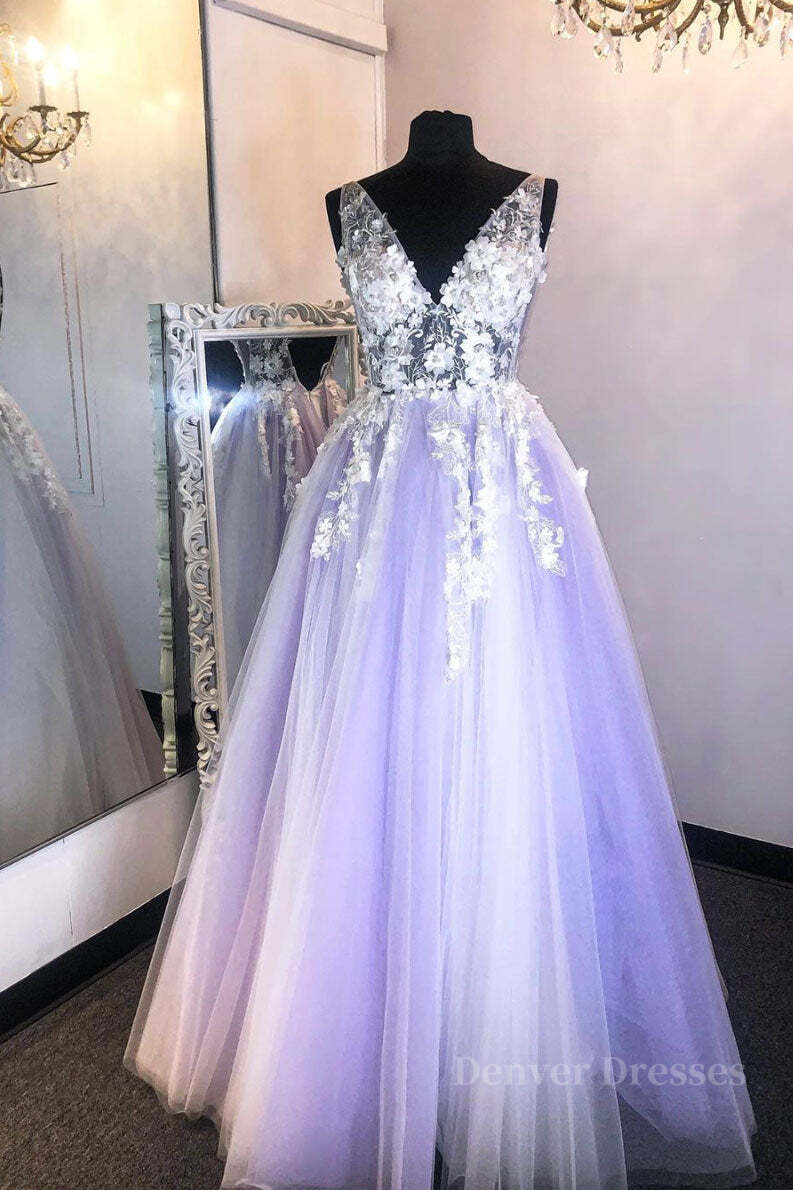 Party Dress Mini, Purple v neck lace applique long prom dress purple formal dress