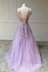 Party Dress For Couple, Purple v neck tulle lace long prom dress purple lace formal dress