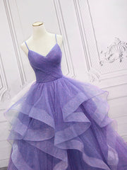 Formal Dresses Classy Elegant, Purple v neck Tulle Long Prom Dress, Purple Sweet 16 Dress