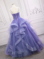 Formal Dress Lace, Purple v neck Tulle Long Prom Dress, Purple Sweet 16 Dress