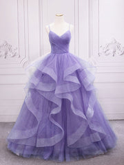 Formal Dresses And Evening Gowns, Purple v neck Tulle Long Prom Dress, Purple Sweet 16 Dress