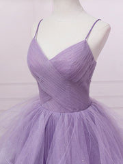 Prom Look, Purple V Neck Tulle Sequin Long Prom Dress Purple Tulle Formal Party Dress