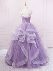 Semi Formal Outfit, Purple V Neck Tulle Sequin Long Prom Dress Purple Tulle Formal Party Dress