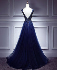 Bridesmaid Dresses Design, Dark Blue Lace V Neck Long Prom Dress, Lace Evening Dress