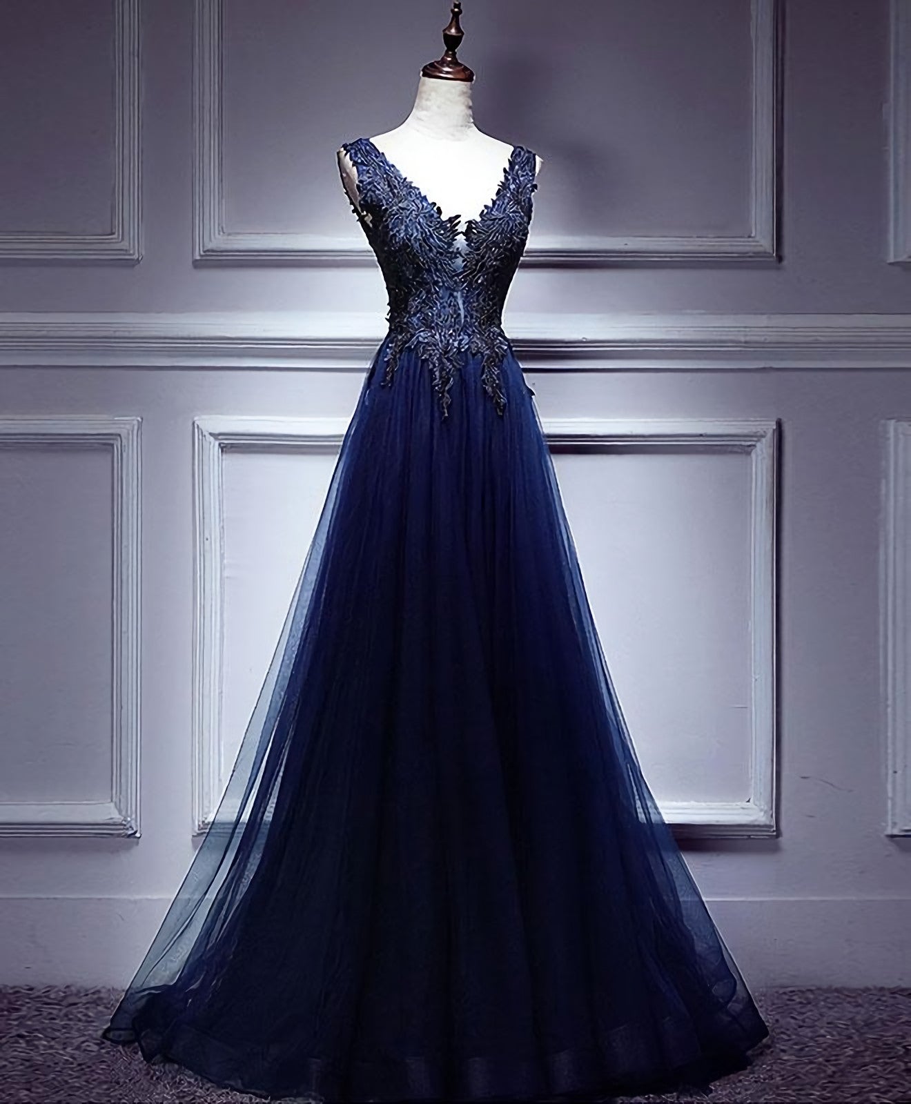 Bridesmaids Dress Designs, Dark Blue Lace V Neck Long Prom Dress, Lace Evening Dress