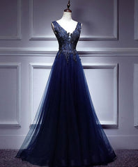 Bridesmaids Dress Designs, Dark Blue Lace V Neck Long Prom Dress, Lace Evening Dress