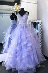 Party Dress Fall, Purpler v neck tulle lace beads long prom dress tulle formal dress