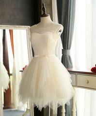 Prom Dress Stores, Cute A Line Tulle Round Neck Mini Prom Dress, Cheap Evening Dress