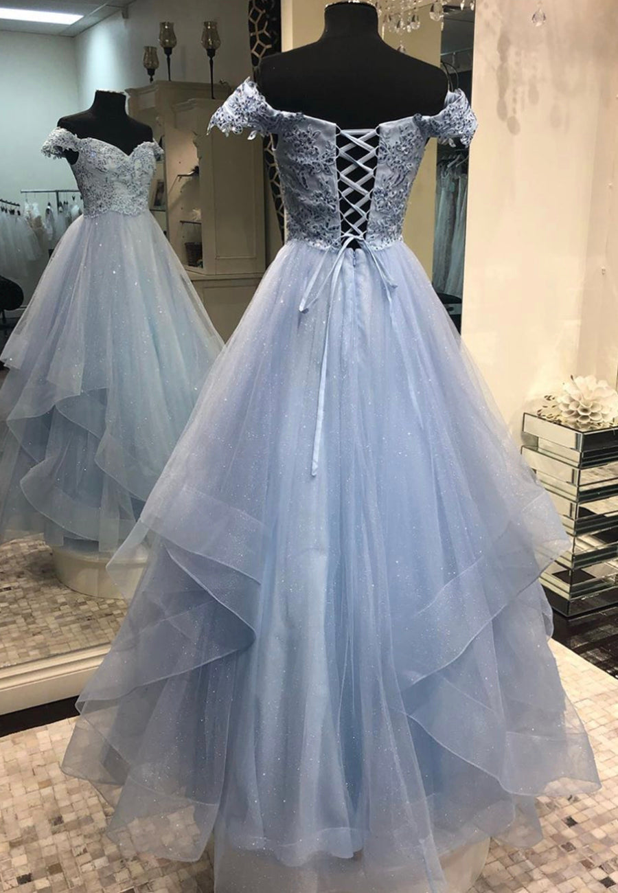 Prom Dresses Orange, Blue Tulle Lace Long A-Line Prom Dresses