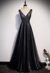Bridesmaids Dress Gold, Black V-Neck Tulle Long Prom Dresses, A-Line Evening Dresses