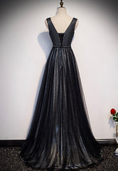 Bridesmaid Dress Tulle, Black V-Neck Tulle Long Prom Dresses, A-Line Evening Dresses