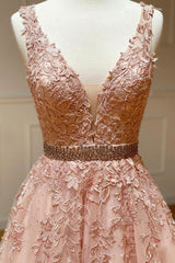 Bridesmaid Dresses Custom, Pink V-Neck Lace Long Prom Dresses, A-Line Tulle Graduation Dresses