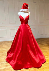 Bridesmaid Dresses Ideas, Red Satin Long Prom Dresses, Simple A-Line Evening Dresses