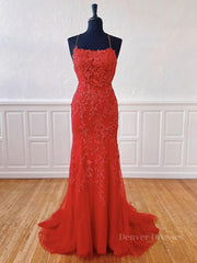 Bridesmaid Dresses Online, Red Backless Lace Prom Dresses, Red Open Back Lace Formal Evening Dresses