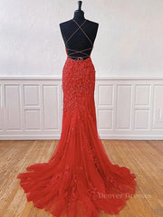 Bridesmaid Dresses Fall, Red Backless Lace Prom Dresses, Red Open Back Lace Formal Evening Dresses