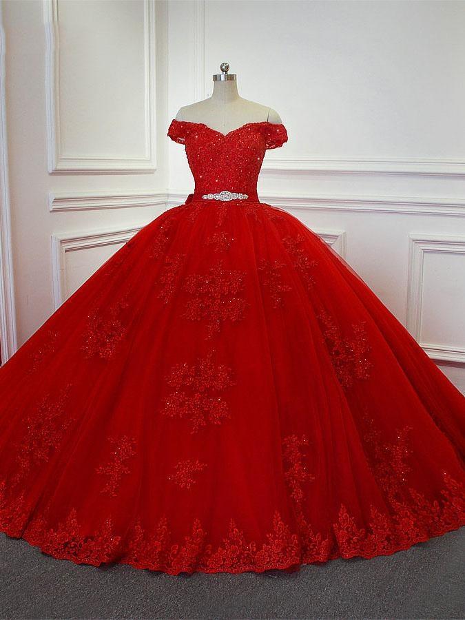 Wedding Dress With Color, Red Long Princess Off the Shoulder Tulle Lace Wedding Dresses