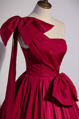Prom Dresses For Teens, Red One Shoulder Satin Long Prom Dress, A-Line Evening Party Dress