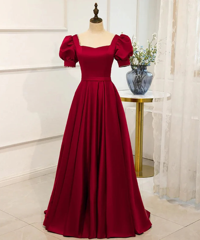 Homecomming Dresses Floral, Red Puff Sleeve Prom Dress / Red Bridesmaid Dress / Victorian Dress